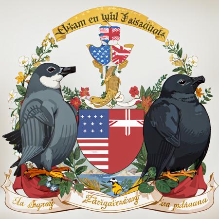 <lora:Armorial-37:1> Blazon,
(white_background:1.3), (simple_background:1.3),  (flat_color:1.3), no_humans, symmetry, 
seal, 
bird, no_humans, flower, branch,map, english_text, tree, Bananaquit,  flag,  house, leaf, united_states,denmark_flag, 
ciecle,, (masterpiece:1.3), (best_quality:1.3), (ultra_detailed:1.3), 8k, extremely_clear,