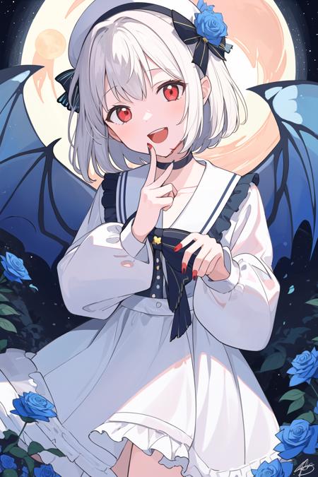 1girl, solo, bug, red eyes, butterfly, hat, blue flower, flower, holding flower, hat bow, rose, wings, smile, blue rose, bow, holding, horns, long sleeves, blood, moon, black bow, looking at viewer, white hair, short hair, choker, frills, white headwear, sailor collar, cowboy shot, signature, wide sleeves, dress, artist name, :d, head tilt, frilled shirt collar, nail polish, bangs, white shirt, red nails, open mouth