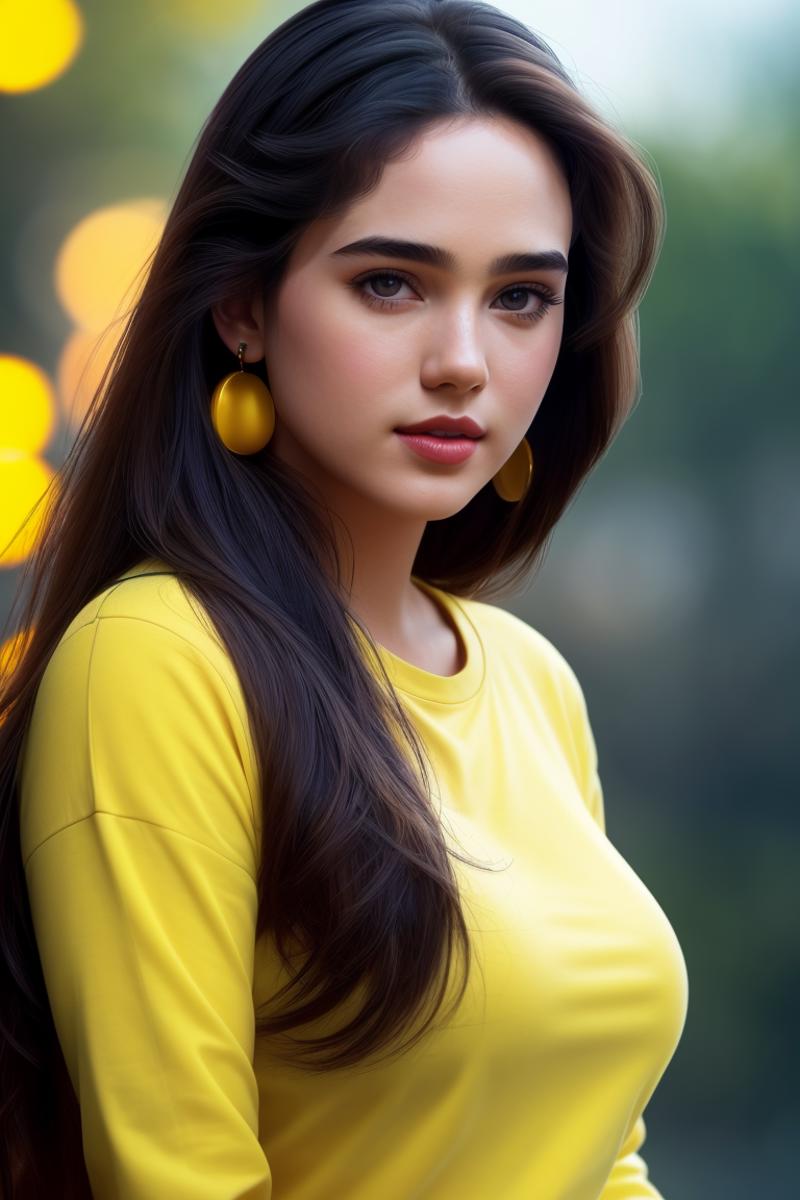 A beautiful young woman wearing yellow and gold earrings, necklace, and shirt.