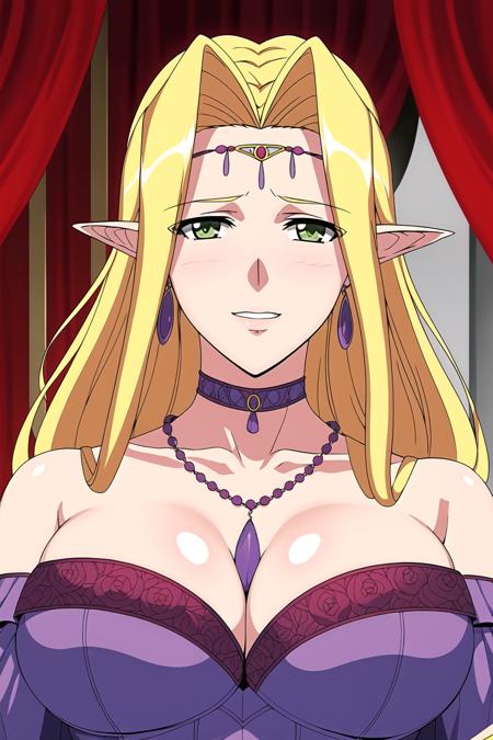 in Castle,
purple dress,bare shoulders, collarbone, chain, necklace,red rose,jewelry, gem,
<lora:Christina_Rothschild_Himekishi-KK77-V1:0.7>,long pointy ears,elf,
blonde hair,,bangs, long hair,
<lora:Oda_Non_Style-KK77-V2:0.1>,<lora:more_details:0.1>,
1 girl, 20yo,Young female,Beautiful Finger,Beautiful long legs,Beautiful body,Beautiful Nose,Beautiful character design, perfect eyes, perfect face,expressive eyes,perfect balance,
looking at viewer,(Focus on her face),Light_Smile,(red_lips:0.2), 
official art,extremely detailed CG unity 8k wallpaper, perfect lighting,Colorful, Bright_Front_face_Lighting,White skin,
(masterpiece:1.0),(best_quality:1.0), ultra high res,4K,ultra-detailed,
photography, 8K, HDR, highres, absurdres:1.2, Kodak portra 400, film grain, blurry background, bokeh:1.2, lens flare, (vibrant_color:1.2),professional photograph,
(Beautiful,large_Breasts:1.4), (beautiful_face:1.5),(narrow_waist),