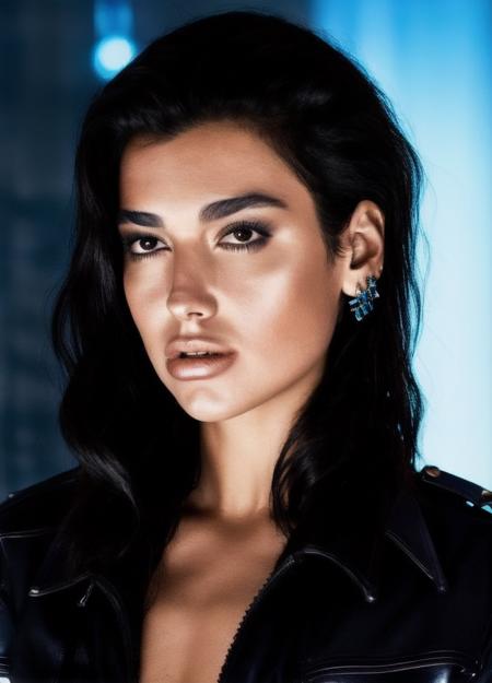 Portrait of dualip as a beautiful female model, georgia fowler, beautiful face, with short dark brown hair, in cyberpunk city at night. She is wearing a leather jacket, black jeans, dramatic lighting, (police badge:1.2)