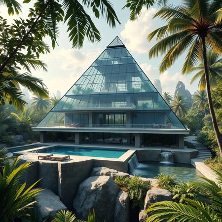 futuristic complex pyramid style house from glass steel with  concret structure, with terraces, swimming pool, in a tropical jungle,waterfall, photorealist, masterpiece, 4k, high detailes