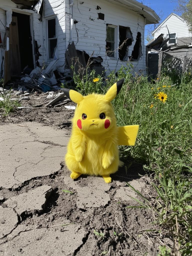 iph0ne Post-apocalyptic fluffy Pikachu in a ruined front yard, its soft fur contrasting against the crumbling landscape. Pikachu’s bright yellow fur is still meticulously detailed, but the surrounding yard is overgrown with wildflowers and cracked pavement. The sharpness of the scene emphasizes the contrast between Pikachu’s fluffy, innocent appearance and the ruined, overgrown setting. The extreme detail of its fur, combined with the gritty background, creates a unique, high-resolution masterpiece blending cuteness with survival.















