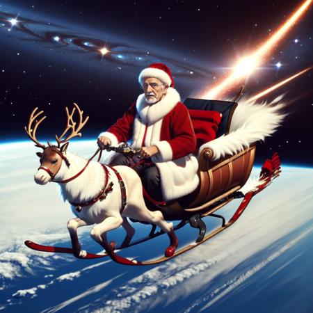 sleigh  Atmospheric re-entry reindeer realistic fur-trimmed headwear fur-trimmed boots space galaxy