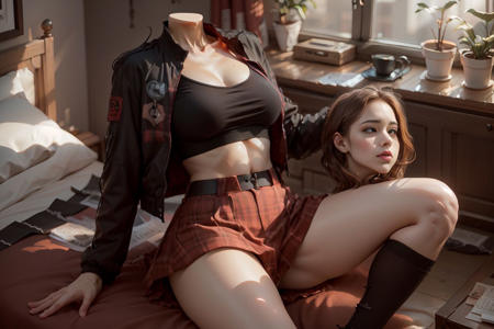 resting on bed, breasts,open legs,crushing boos,black tighighs,holding head,headless, jacket,masterpiece,plaid skirt <lyco:EnvyBetterHands LoCon:1.0> <lora:Headlessv2:0.9>