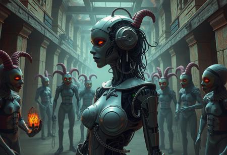 Create a highly detailed, 4K image of a half-robot and half-woman character, set in a labyrinthine environment inspired by the works of M.C. Escher. The character should be surrounded by a gang of twisted, eerie circus clowns, with hints of ancient Egyptian ruins in the background. Incorporate elements of cyberpunk and surrealism, with a focus on contrasting light and shadows, and a muted color palette with neon accents. The image should have a sense of unease and tension, as if the character is being watched or cursed. Use a mix of organic and synthetic textures, with intricate details and a sense of depth. The style should be inspired by the works of artists such as Artgerm, WLOP, and Greg Rutkowski, with a blend of realistic and fantastical elements.