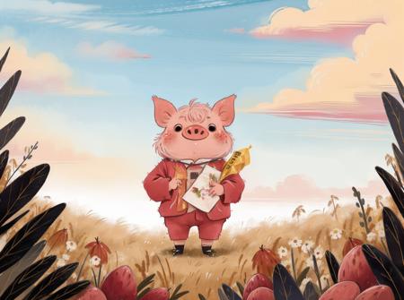 best quality,masterpiece,ultra high res,childpaiting,solo,crayon drawing,
cloud,cloudy sky,outdoors,surreal,in autumn,the fruits of the harvest,a little pig with straw on his back,