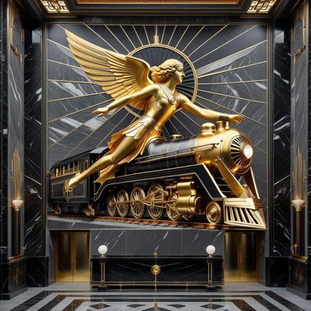 RetroBG. A monumental Art Deco interior lobby wall, depicting a gilded bas-relief of a winged female warrior (Valkyrie) soaring above a sleek 1930s streamlined locomotive. The background is cool-toned gray marble, with radiant sunburst lines behind the figure. Every surface shimmers with polished metal and black stone, exuding futuristic optimism as envisioned in the opulent age of the Roaring 20s. The darkest blacks contrast with the most brilliant gold, surrounded by geometric architecture, mechanical motifs, and heroic grandeur. Elegant lighting enhances the drama. Inspired by heroic propaganda murals and luxurious train stations.