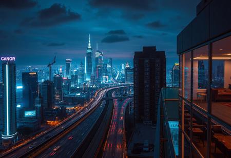 Penthouse, night city view, cyberpunk themed, retrowave, highway, big city in the background, tron vibes, digital era, retrowave