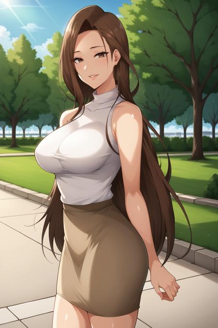 risa hamazaki, brown hair, shiny hair, very long hair, brown eyes, mature woman, shiny skin, White turtleneck, bare shoulders, beige mini skirt, 