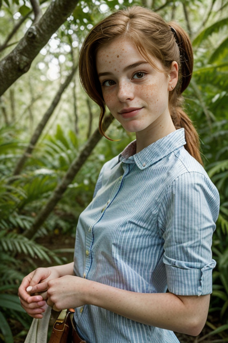 LucaHollestelle, freckles:1.35, long hair, ((slim, fit, lanky, coltish:1.5)), closeup on face, (colorful striped dress), looking at viewer, facing viewer, taken with Leica M, 35mm f1.2, Kodachrome film, rain forest, dense jungle, serious look, ponytail:1.1