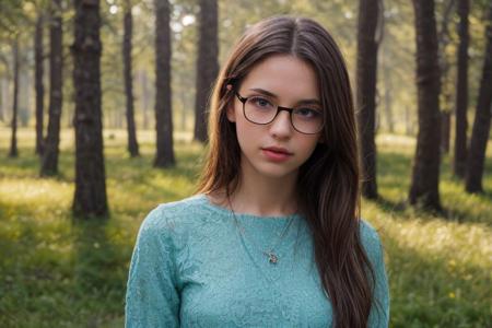 35mm film, one pretty european girl, solo, supermodel, long light brown hair, long wavy hair, pale skin, perfect face, small nose, blue eyes, lips, big tits, nice breasts, necklace, black frame glasses, short blue lace dress with a belt, white heeled shoes, looking at viewer, looking directly at viewer, a breathtaking forest view, offering panoramic views of majestic and sweeping trees, nature light, early spring season, full body view of girl, epiCPhoto, <lora:pytorch_lora_weights:0.5>, <lora:picxer_real:0.7>, <lora:FilmVelvia3:0.3>, <lora:more_details:0.6>
