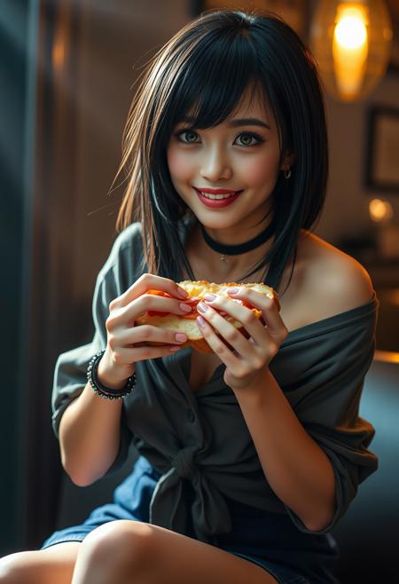 realistic lighting, photo, photorealistic, a 18 years old female, petite, long hime cut hair, black hair, yellow eyes, small breasts, saggy breasts, puffy nipples, small waist, wide hips, toned female, abs, choker, arm bracelet, rings, mascara, cameltoe, fat mons, cheerful, tied shirt, dynamic sitting pose, eating a sandwich, indoors, scenery, (cinematic angle, cinematic lighting, backlighting, ray light, volumetric light)