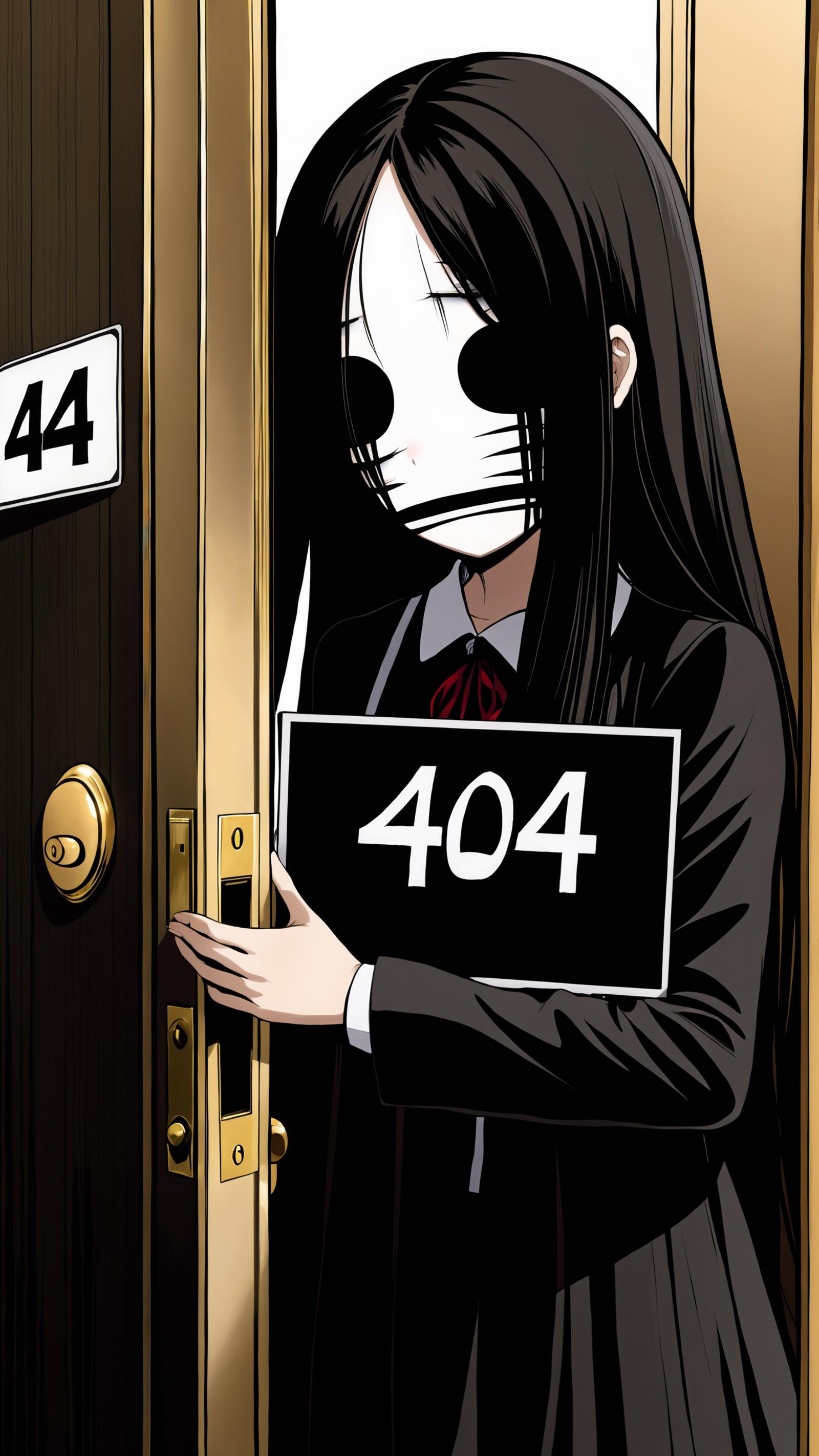 404 Error: A woman holding a "404" sign in front of a door.