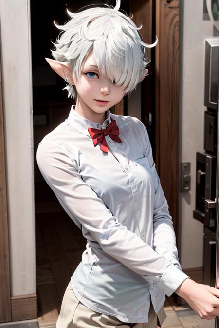 white hair, short hair,  elf ear, earring, teen, bangs,  blue eyes,hair over one eye,(hair over one eye:1.3), eyes_visible_through_hair, looking at viewer, white school uniform, red bowtie  <lora:Alisaie:0.7>     <lora:ntrOpenDoorB_v10:0.5>