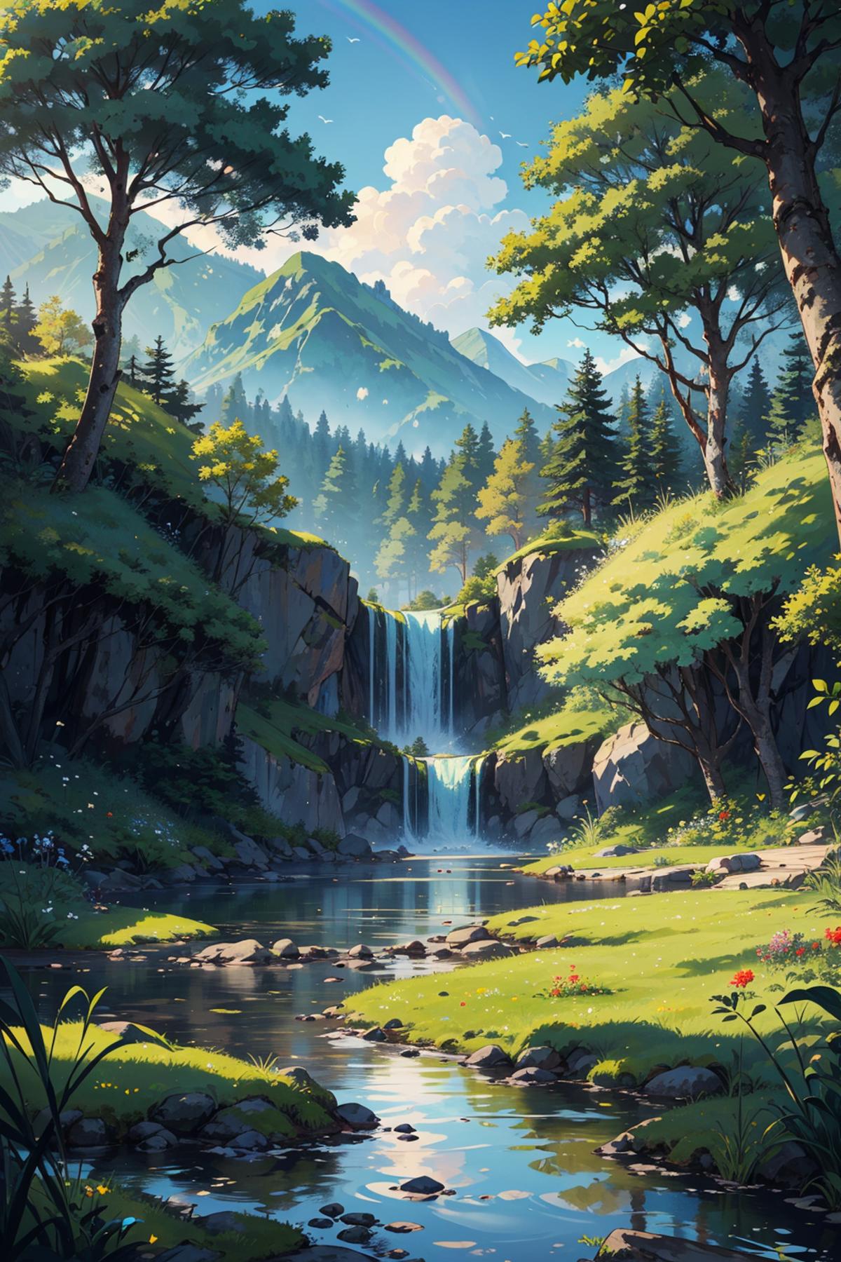 A beautiful waterfall in a mountain valley, surrounded by lush greenery and rocks.