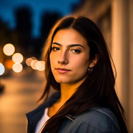 RAW photo, a portrait photo of <lora:Loradamelio_v2:1> woman in casual clothes, night, city street, (high detailed skin:1.2), 8k uhd, dslr, soft lighting, high quality, film grain, Fujifilm XT3