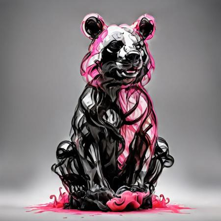 A big pandabear looking at viewer, pandafur in neon-pink and white, open mouth with black sharp teeth, sitting in a neon-orange room, neon-orange background, photograph, 8K resolution, best quality   <lora:Gloom-step00000900:.65>
