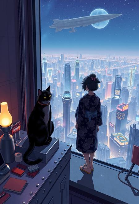 Jiji, the cat from Kiki's Delivery Service sits on a cluttered metal riveted desk next to a maneki neko statue and a lava lamp, Jiji is looking out of a floor to ceiling window that looks out at a very high view from an apartment on the 400th floor of a futuristic Tokyo skyscraper, the year is 2250, The city has thousands of enormous wide and tall futuristic skyscrapers and space ships in the sky, (((Kiki from Kiki's Delivery Service, 24 years old, is standing next to the cat looking out at the enormous city at night, filled with buildings over a mile tall))), Kiki is dressed in an ornate Japanese style bath robe. An enormous starship is visible high above the city, The woman's hair is messy from just waking up and tied up with a ribbon. Artistic cyberpunk, dynamic perspective, The focus is on Jiji and Kiki standing together looking out the window at the view together,