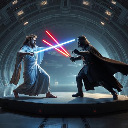 Jesus Christ from the Bible fights Darth Vader from Star wars. Jesus has a blue light saber, and wears a crown of thorns. Darth Vader has a red light saber. They fight on a platform inside a wide open space futuristic space hangar.  In the background we can see the USS Enterprise exploration spaceship from Star Trek.