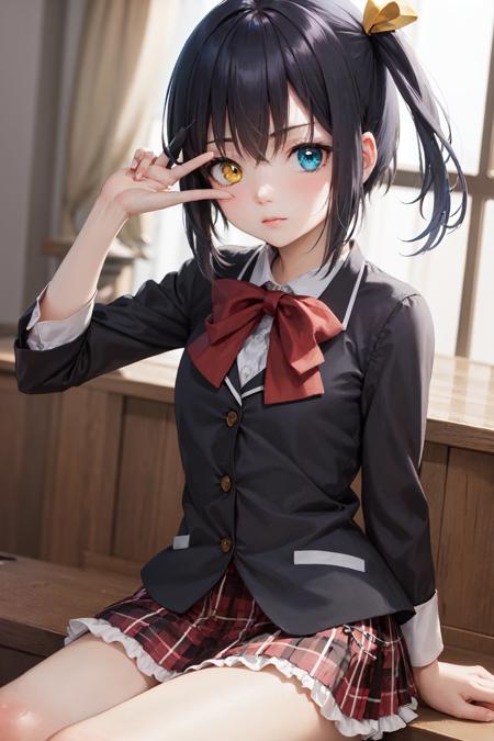 (masterpiece, best quality:1.2), <lora:chunibyo_takanashi-12:1>, cowboy shot, solo, 1girl, takanashi rikka, expressionless, closed mouth, looking at viewer, sitting, one side up, heterochromia, yellow eyes, blue eyes, school uniform, jacket, plaid skirt