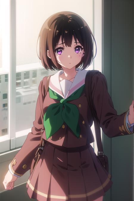 kaorinakaseko, <lora:kaori nakaseko s2-lora-nochekaiser:1>,
kaori nakaseko, short hair, bangs, brown hair, (pink eyes:1.3), mole, mole under eye,
BREAK skirt, shirt, long sleeves, school uniform, pleated skirt, serafuku, neckerchief, (brown skirt:1.2), white sailor collar, (brown shirt:1.2), kitauji high school uniform, (green neckerchief:1.5),
BREAK indoors, classroom,
BREAK looking at viewer, (cowboy shot:1.5),
BREAK <lyco:GoodHands-beta2:1>, (masterpiece:1.2), best quality, high resolution, unity 8k wallpaper, (illustration:0.8), (beautiful detailed eyes:1.6), extremely detailed face, perfect lighting, extremely detailed CG, (perfect hands, perfect anatomy),