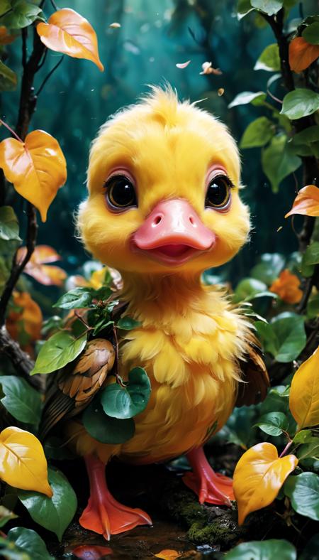stunning image of a cute adorable wacky duckling covered in leafs and foliage, moody, grainy, noisy, concept art, by Alberto Seveso, Cyril Rolando, Dan Mumford, Meaningful Visual Art, Detailed Painting, Digital Illustration, Unreal Engine 5, 32k maximalist, hyperdetailed fantasy art, 3d digital art, sharp focus, masterpiece, fine art,
 <lora:add-detail-xl:1>,
 <lora:xl_more_art-full_v1:1>