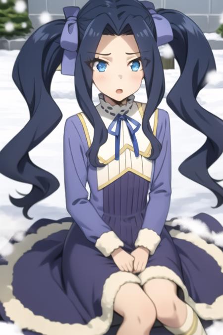 <lora:sh_melty:1> melty, 1girl, blue eyes, eyes visible through hair, hair intakes, bangs, purple hair, bangs, forehead, very long hair, twintails, parted bangs, hair bow, hair ribbon,
dress, long sleeves, blue dress, neck ribbon,
snow angel, ice, snowflake