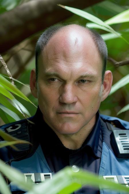 a security officer man, in a stunning dark blue suit, in a jungle paradise, (close up), [head shot], [smiling] raw, 8k, uhd, fujifulm xt3, masterpiece <lora:wadeWiliams:1>