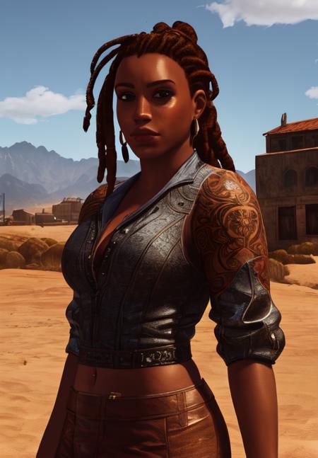 a woman, <lora:Redguard-Female:0.8>, Redguard-Female, 1girl, solo, portrait, dreadlocks,, (masterpiece, best quality, absurdres, detailed, ultra-detailed:1.3), gorgeous