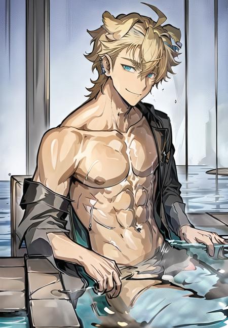 <lora:longshelanV2:0.56>,1boy,  ((solo)), blonde_hair, (aqua_eyes),earrings, (dog ears),(bare shoulders), (abs), collarbone, collarbone,male_focus,molten_rock,((wet)),nude,partially_submerged,pectorals,single_earring,sitting,smile,solo,toned,toned_male,smog on water,wet,(Eachcolorblockisclearlydistinguished:1.1),blurry background,onsen,blurry water,god rays