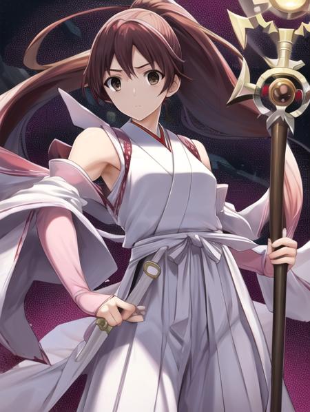 best quality, masterpiece, highres, detailed, perfect anatomy,  <lora:Detail - add_detail:0.2>, brown eyes, long hair, ponytail, staff, white japanese clothes, white hakama, pink gauntlets, tokineyukimura, <lora:Character - Tokine:0.8>