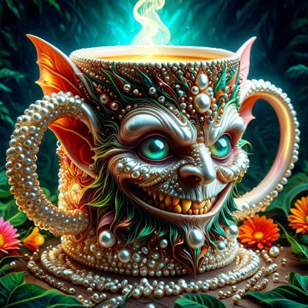 Vivid color, dynamic lighting, abstract composition, soft gradients, cinematic contrast, pearlum, textured background, (angled view) of a stylish goblin wizard coffee mug made from pearls, foliage foreground frame, vivid flowers, precision, fractal geometry, harmonic interference, altered realities, fantastical scenes, striking visuals,  detailed background, light reflection, masterpiece, best quality, absurdres,  mobe-ancofmu style