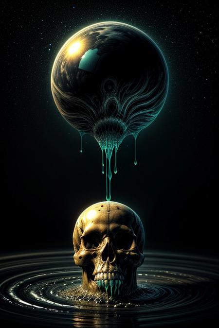 A close-up photorealistic image of a crystal-like floating skull facing dynamic view with its mouth open, pouring from it's mouth a shimmering liquid resembling the universe onto the ground, filled with rich stars and swirling galaxies. A simple void background enhances the dark atmosphere, shrouded in fog, capturing the hypnotic flow and shimmer of the cosmic liquid, evil demon,