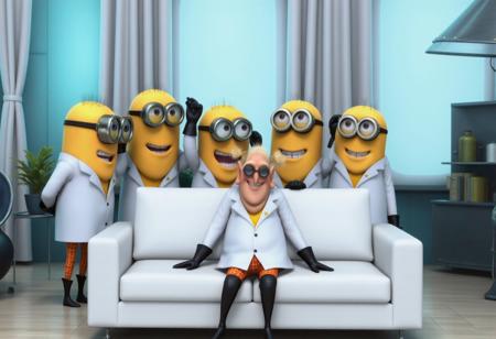 In a modern, brightly lit living room, create a surreal scene with five one-eyed Minions from despicable me standing behind a white couch. The Minions are forming a semi-circle as they look down at the couch. Seated on the couch is a Nefarios dressed in white lab coats, with blonde pigtails, smiling playfully.
