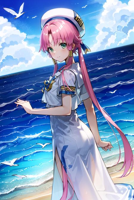 ((masterpiece,best quality)), <lora:MizunashiAkariV1:0.7>, mizunashi akari, uniform, dress, white dress, hat, sailor collar,
ocean, on water, sky, clouds, outdoors, bird, dutch angle, long dress, side slit