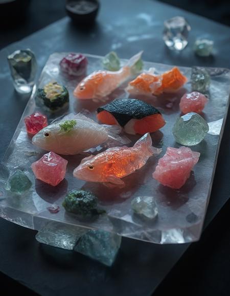 A platter of sushi where each piece is made of translucent crystal. The sushi rolls have geometric patterns on their surfaces, and the fish glows with inner light. The platter is surrounded by glowing gemstones and rests on a crystal table. <lora:SoulGemmed:1>