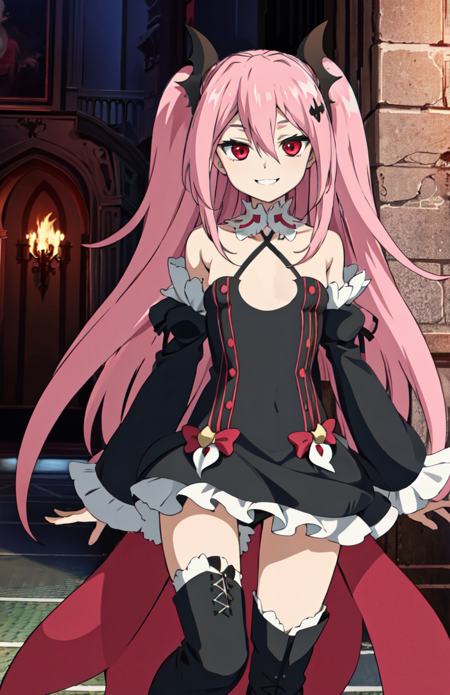krul tepes, red eyes, flat chest, long hair, pink hair, two side up, hair ornament, boots, black dress, bare shoulders, wide sleeves, ribbon