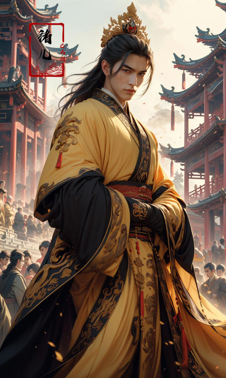 Epic CG masterpiece, A Chinese Tang dynasty emperor,by guopei Wuxia,handsome, MAX Masculinity, straight crown, golden Taoist robe, palace background, Tang dynasty, royal, dynamic poses, stunning colors, 3D rendering, surrealism, cinematic lighting effects, realism, 00 renderer, super realistic,
<lora:~Q?-vY*[Proyal:0.9>