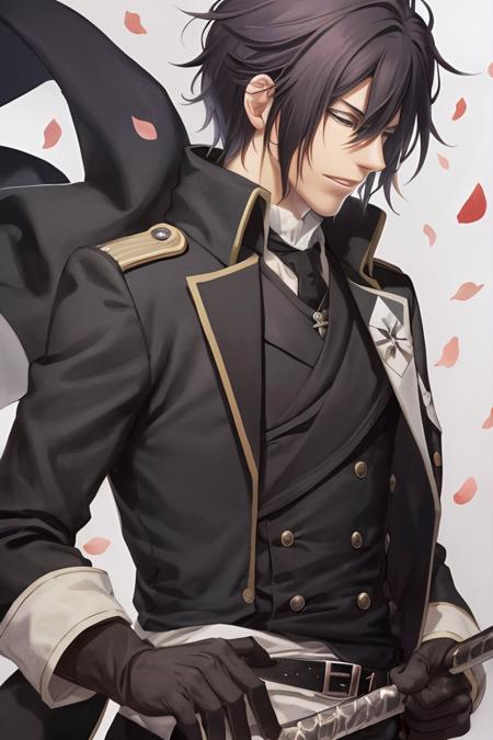 (masterpiece, best quality), <lora:Saito:0.8>, saito, male focus, upper body, solo, (from side:1.2), looking down, expressionless, parted lips, short hair, floating hair, military uniform, military jacket, jabot, black gloves, hand up, (holding sword:1.1), katana, petals, wind, warmth, white background, simple background, sidelighting, hair over one eye