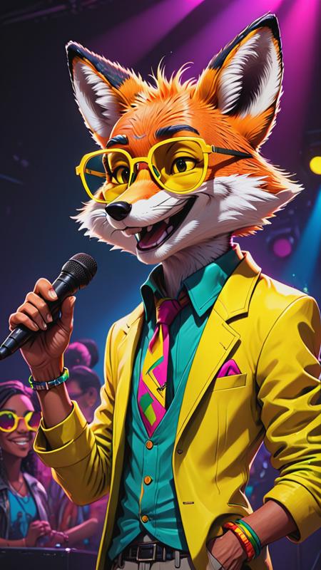 cyberpunk, line art, cartoon style, a mr.Fox, disney cartoon network, yellow glasses, smile, reggae singer on stage, at a disco party, neon, cartoon network character, comic painting, bold lines,  <lora:mr.Fox:0.8>