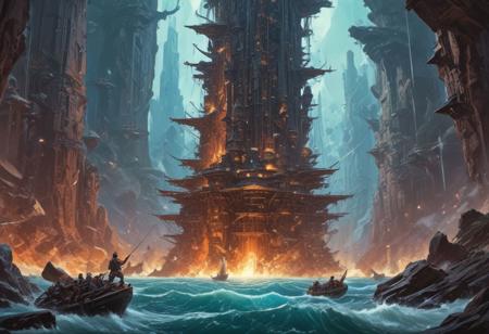 In the unpublished and breathtaking image (far beyond the unseeable) by john berkey, the essence of the Master's artistry shines through with remarkable clarity.  As your eyes wander across the canvas, you'll encounter a harmonious fusion of elements that defy convention and ignite the imagination. It is a visual symphony that stands as a testament to Berkey's boundless creativity. Vibrant and sublime colors dominate the image, bursting forth with a luminosity that captivates the viewer., d&d, fantasy, highly detailed, digital painting, artstation, sharp focus, fantasy art, character art, illustration, 8k, art by artgerm and greg rutkowski