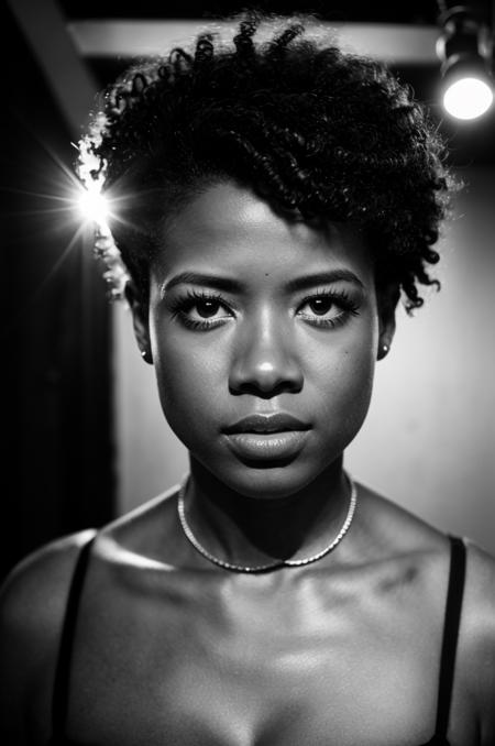 black & white portrait photography of Kelis, Afro, realistic skin, studio lighting, hyper detailed