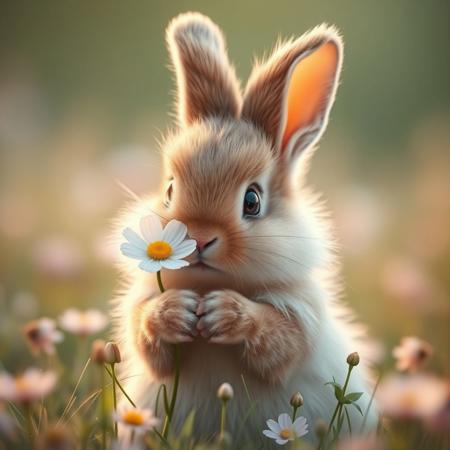 A cute fluffy bunny holding a delicate flower, soft lighting, highly detailed fur, big expressive eyes, in a spring meadow, pastel color palette, shallow depth of field, whimsical and gentle atmosphere, ultra realistic, 4k resolution, photorealistic style"