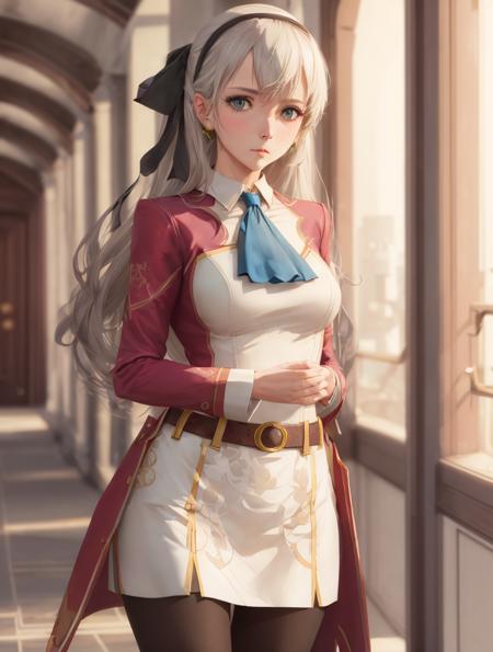 masterpiece, 4K, best quality, elie macdowell, wistful expression, hairband, hair ribbon, blue ascot, red coat, white dress, black pantyhose, belt, cowboy shot, hand to heart, hallway, standing, blush <lora:elie-ver2-nv-lightbaked-v1-000014:0.85>