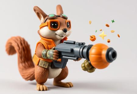1990s-style action figure toy of an anthropomorphic squirrel dressed as a forest-themed nut defender superhero. The squirrel wears an orange utility vest, forest camo gloves, and goggles, holding a walnut-shell cannon that fires acorn projectiles and confetti nutrient bursts. Stylized accessories mini pumpkin grenades, and a belt of seeds. Bright colors, nostalgic aesthetic, detailed toy design, whimsical and heroic style, bold comic-book shading. Clean background. Isometric view. 4:5 aspect ratio --v 5 --style 90s --ar 4:5