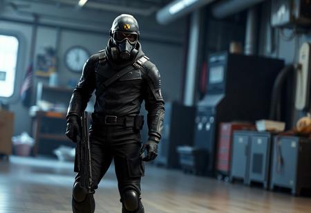 "A hyperdetailed cinematic concept art of a Science Soldier standing prominently in the foreground, dressed in a sleek black outfit with a gas mask covering its entire face. The gas mask features a distinct yellow symbol, adding a mysterious and futuristic vibe. The soldier is equipped with a belt and holds a weapon in its right hand, exuding readiness and tension. The blurred background of a Fusion Recycling Plant depicts a room with various objects and a possible window, hinting at a larger narrative. The soldier is positioned on a floor, with an isometric composition that emphasizes its dynamic action pose. Rendered in Octane and Unreal Engine 5, with 8K resolution, lifelike details, sharp lines, and stunning, harmonious colors. The scene features captivating lighting, balanced editing, and a creative angle, trending on ArtStation, CGSociety, and ArtStationHQ. Inspired by the styles of Raphael, Houdini, and Grammer Effect, with vivid emotions and a powerful message. The Science Soldier’s design showcases handcrafted precision, impeccable composition, and a sense of futuristic intrigue, evoking a narrative-driven, high-stakes atmosphere."