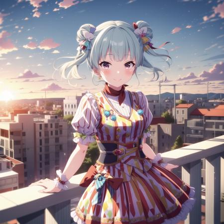 (masterpiece, best quality), 1girl, solo, hyodo shizuku, (idol-outfit, polka_dot, neckerchief), <lora:szk-000008:0.75>, smile, blush, rooftop, railing, sunset, light_rays