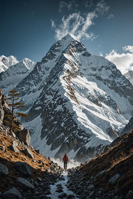 towering peaks of the Himalayas offer some of the world's most challenging and rewarding treks,style by Miko Lagerstedt,Soft Focus,Paparazzi Photography,Short Lighting,Olympus XA2 Digital,,(center composition, symmetry composition:0.1), <lora:MJ52:0.4>