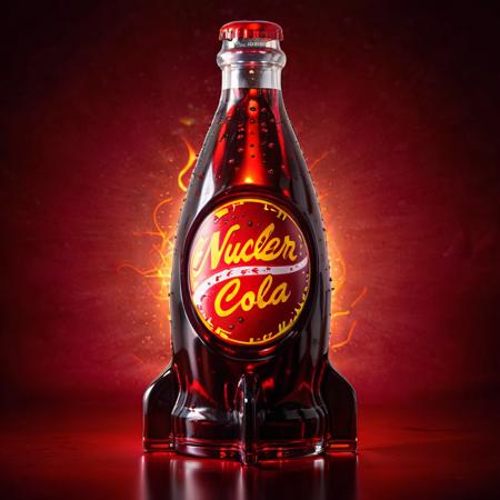 For a realistic depiction of 'Nuclear Cola - Chili Edition', imagine a sleek, futuristic soda bottle with a fiery red and neon glow. The label is vivid and enticing, featuring a dynamic, atomic-themed logo accentuated by flaming chili peppers around the words 'Nuclear Cola - Chili Edition' in bold, spicy typography. The bottle looks enticingly chilled, with condensation beads shimmering under a bright, modern light source, set against a backdrop suggesting advanced refrigeration technology. This scene captures the essence of an innovative, high-energy beverage with a daring chili twist, blending the excitement of a classic soda with the bold thrill of spicy flavors, <lora:nukacolas:0.75>